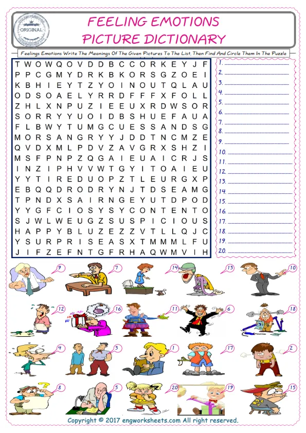 For kids, check the picture of Feelings Emotions find, and write the word and find it in the word puzzle ESL printable worksheet. Worksheet Preview