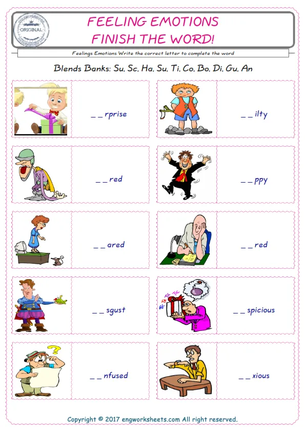 For kids, the Feelings Emotions English worksheet for supplying into the correct blank place given letters special to the Feelings Emotions Words. Worksheet Preview