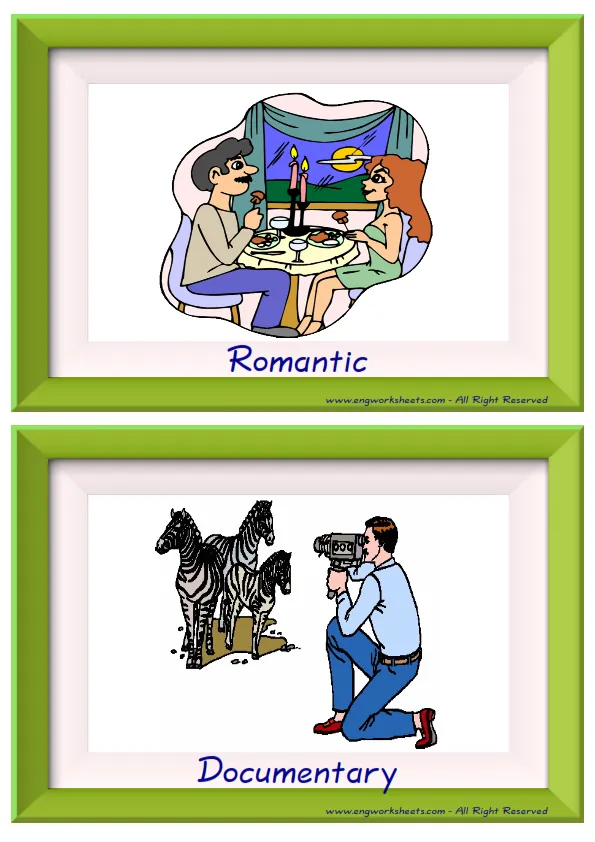 Half page ESL Flashcard together with words containing Films Movies picture for kids and teachers. Worksheet Preview