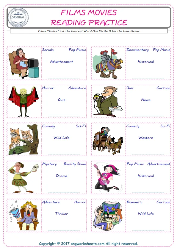 Check the picture of the Films Movies for kids ESL worksheet for supplying the correct one among four words into the blank place. Worksheet Preview