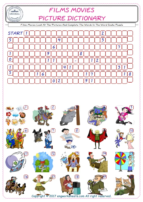 Check the Illustrations of Films Movies english worksheets for kids, and Supply the Missing Words in the Word Snake Puzzle ESL play. Worksheet Preview