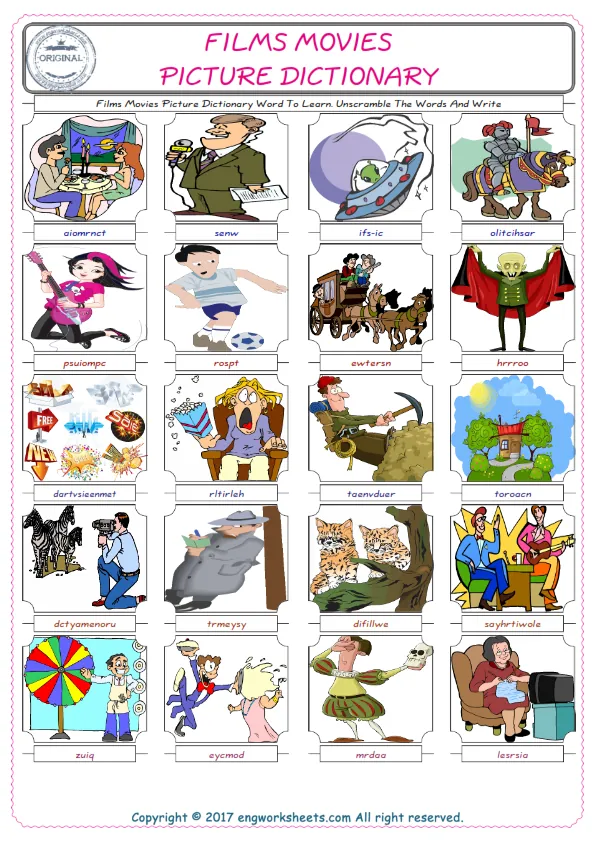 Films Movies ESL Worksheets For kids, the exercise worksheet of finding the words given complexly and supplying the correct one. Worksheet Preview