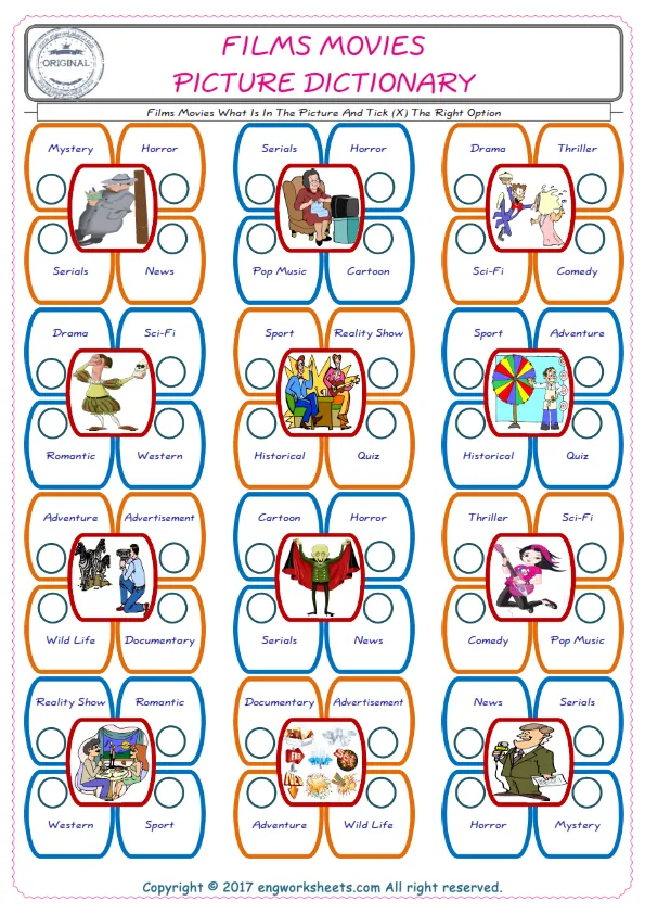 check the picture, mark the correct option amongst the given Films Movies words English worksheet for kids Worksheet Preview