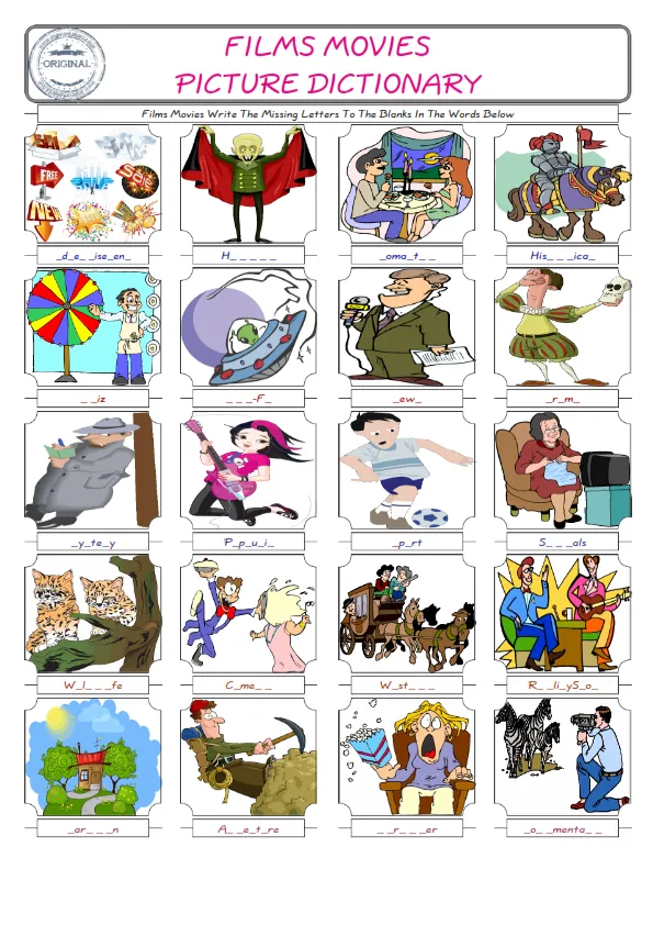 Films Movies Words English worksheets For kids, the ESL Worksheet for finding and typing the missing letters of Films Movies Words Worksheet Preview