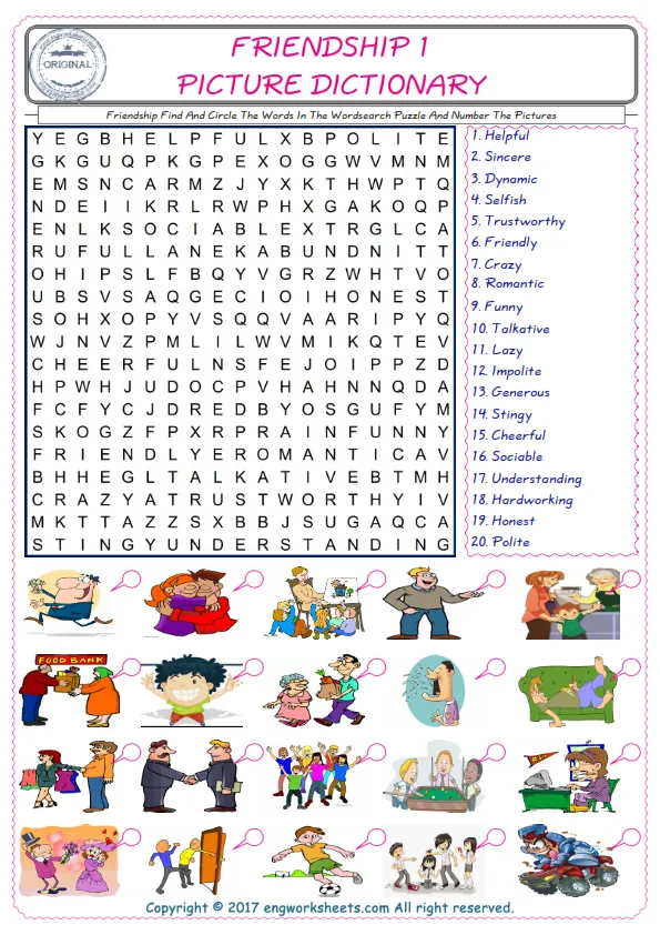ESL wordsearch worksheets for kids, find Friendship words in the word wordsearch write its number on its picture English worksheet. Worksheet Preview