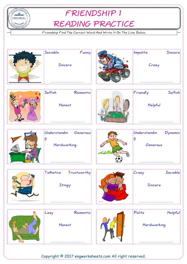Check the picture of the Friendship for kids ESL worksheet for supplying the correct one among four words into the blank place. Worksheet Preview