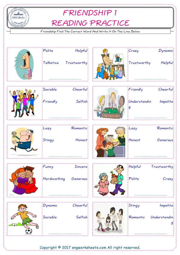 Check the picture of the Friendship for kids ESL worksheet for supplying the correct one among three words into the blank place. Worksheet Preview