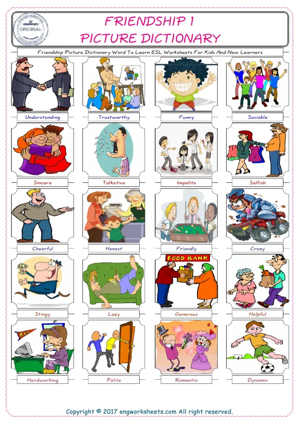 Friendship English Worksheet for Kids ESL Printable Picture Dictionary Worksheet Preview