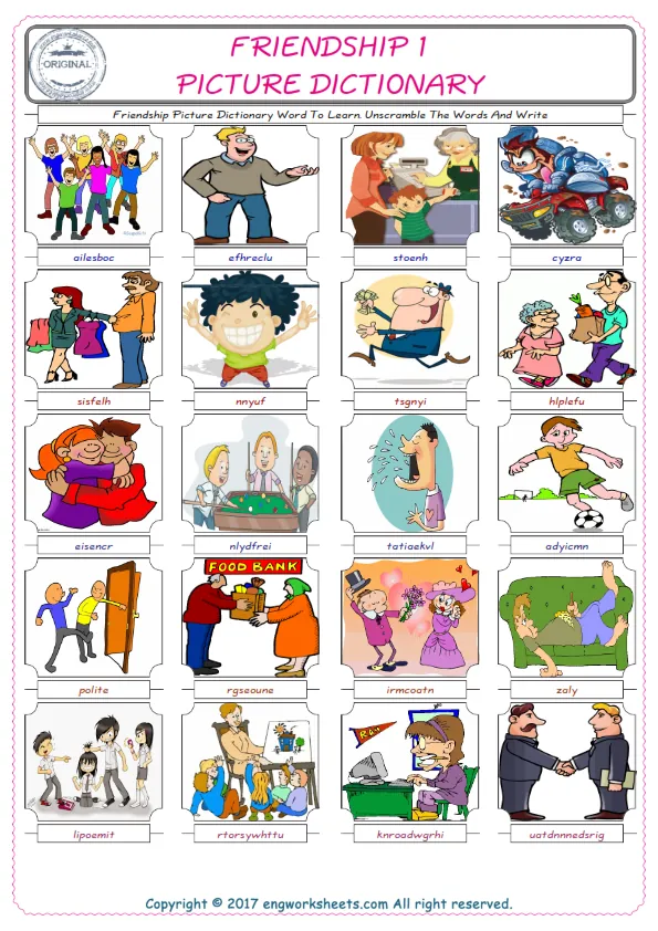 Friendship ESL Worksheets For kids, the exercise worksheet of finding the words given complexly and supplying the correct one.