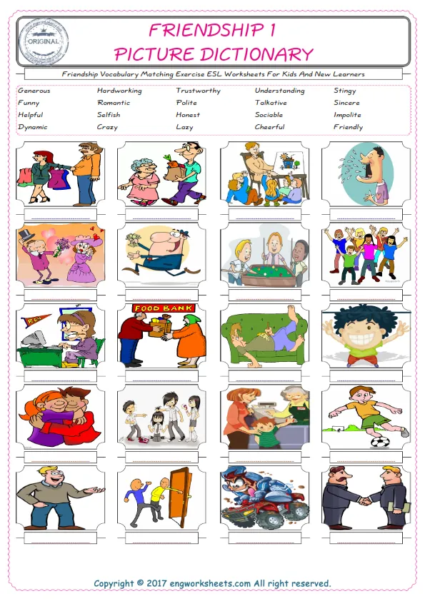 Friendship for Kids ESL Word Matching English Exercise Worksheet. Worksheet Preview