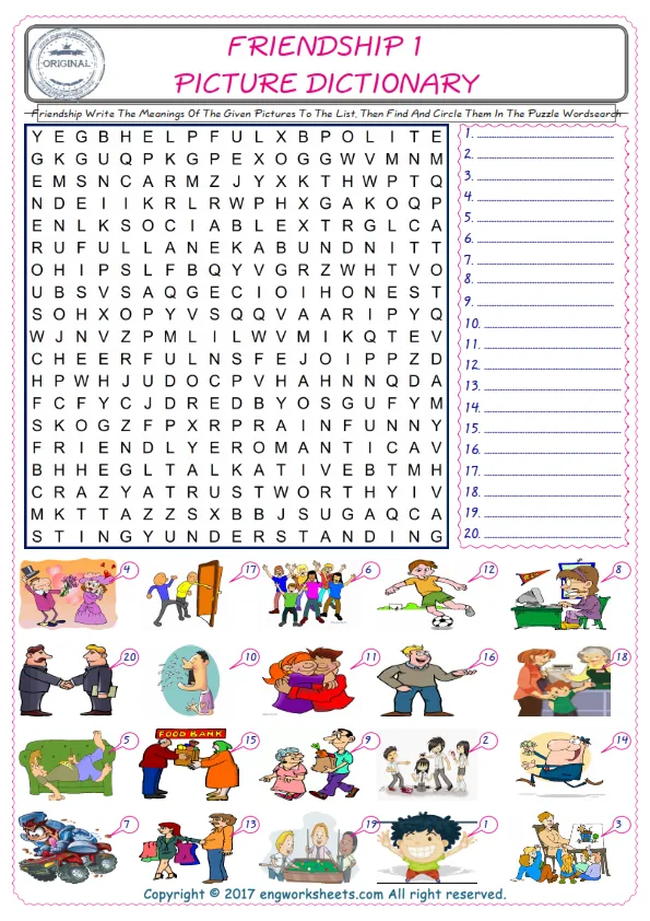 For kids, check the picture of Friendship find, and write the word and find it in the word puzzle ESL printable worksheet. Worksheet Preview