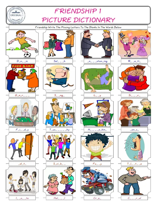 Friendship Words English worksheets For kids, the ESL Worksheet for finding and typing the missing letters of Friendship Words Worksheet Preview