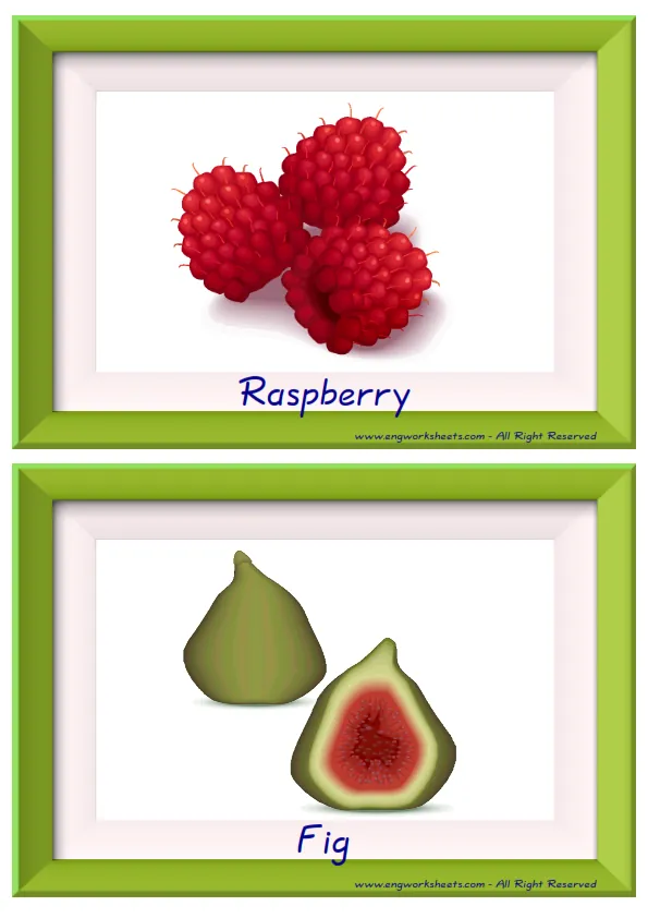 Half page ESL Flashcard together with words containing Fruits picture for kids and teachers.