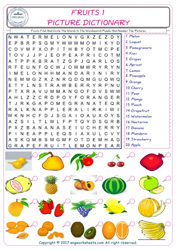 ESL wordsearch worksheets for kids, find Fruits words in the word wordsearch write its number on its picture English worksheet. Worksheet Preview