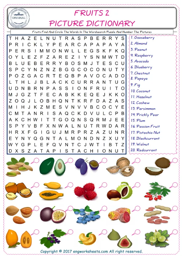 ESL wordsearch worksheets for kids, find Fruits words in the word wordsearch write its number on its picture English worksheet. Worksheet Preview