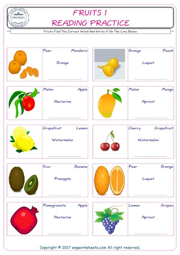 Check the picture of the Fruits for kids ESL worksheet for supplying the correct one among four words into the blank place. Worksheet Preview