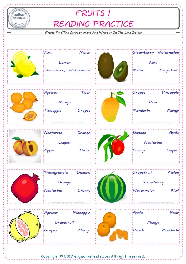 Check the picture of the Fruits for kids ESL worksheet for supplying the correct one among five words into the blank place. Worksheet Preview
