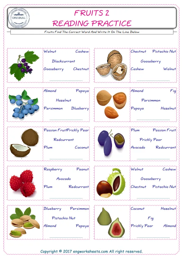 Check the picture of the Fruits for kids ESL worksheet for supplying the correct one among five words into the blank place. Worksheet Preview