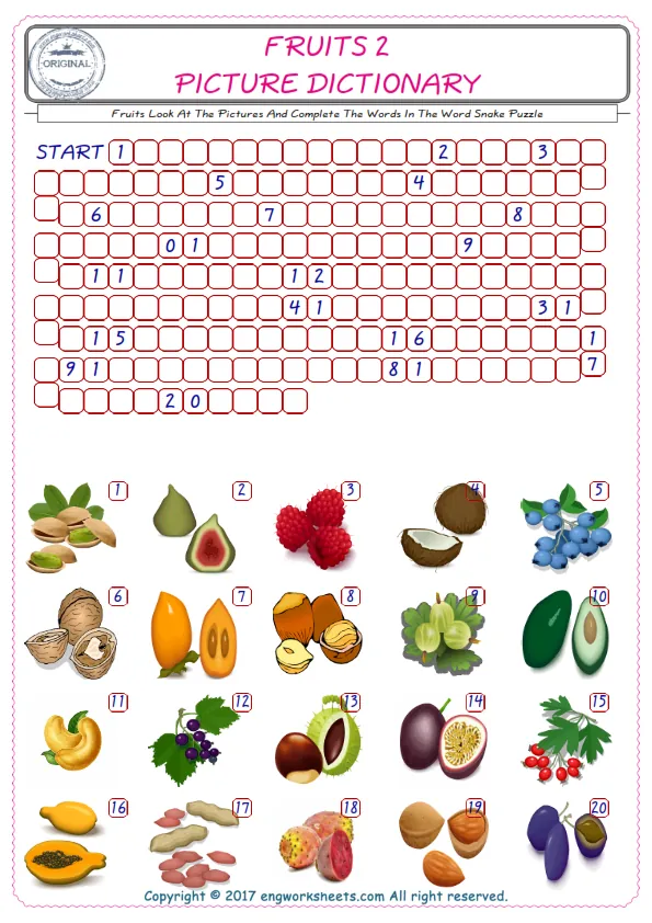 Check the Illustrations of Fruits english worksheets for kids, and Supply the Missing Words in the Word Snake Puzzle ESL play. Worksheet Preview