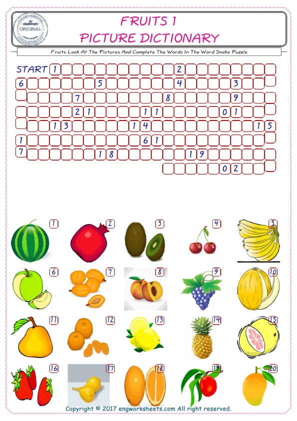 Check the Illustrations of Fruits english worksheets for kids, and Supply the Missing Words in the Word Snake Puzzle ESL play. Worksheet Preview