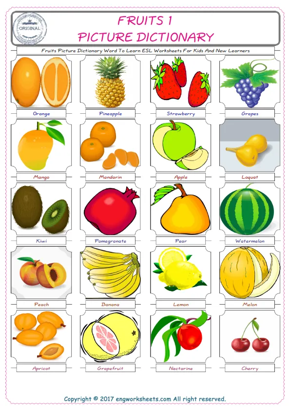 Fruits English Worksheet for Kids ESL Printable Picture Dictionary Worksheet Preview