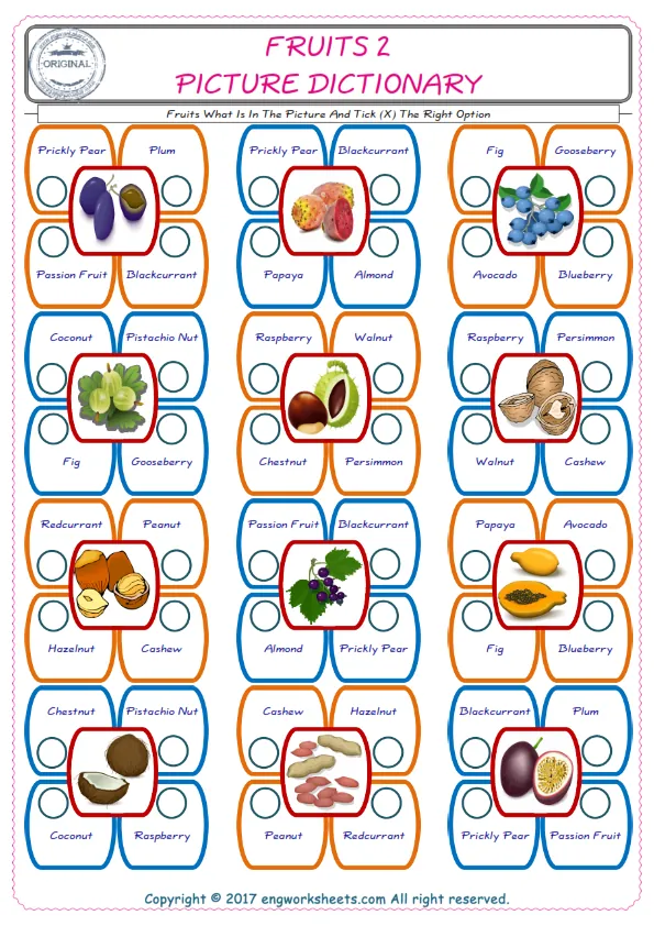 check the picture, mark the correct option amongst the given Fruits words English worksheet for kids Worksheet Preview