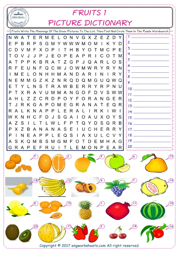 For kids, check the picture of Fruits find, and write the word and find it in the word puzzle ESL printable worksheet. Worksheet Preview