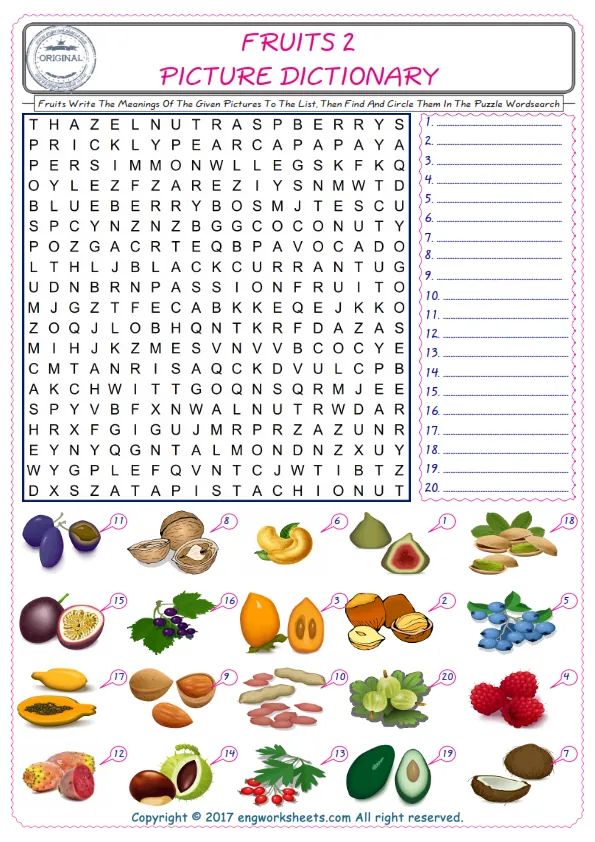 For kids, check the picture of Fruits find, and write the word and find it in the word puzzle ESL printable worksheet. Worksheet Preview