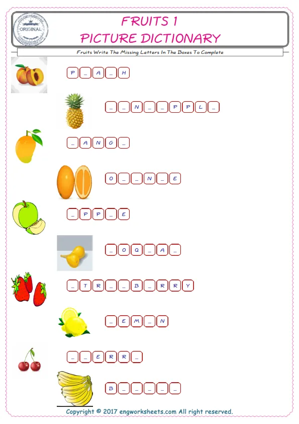 Type in the blank and learn the missing letters in the Fruits words given for kids English worksheet. Worksheet Preview