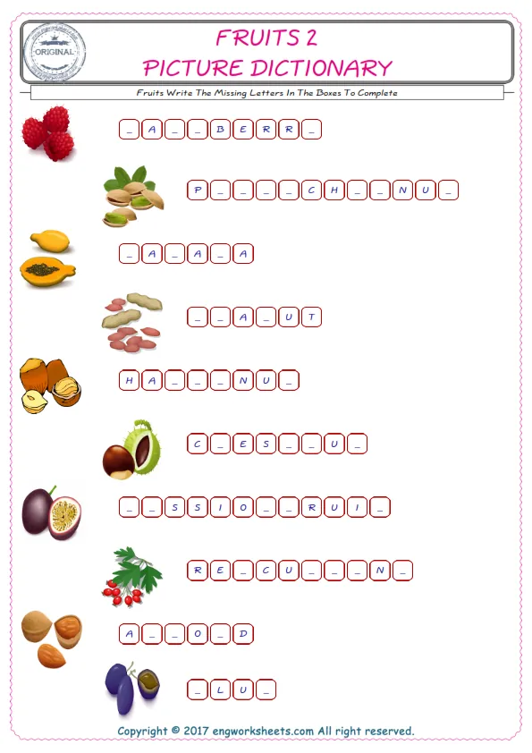 Type in the blank and learn the missing letters in the Fruits words given for kids English worksheet. Worksheet Preview