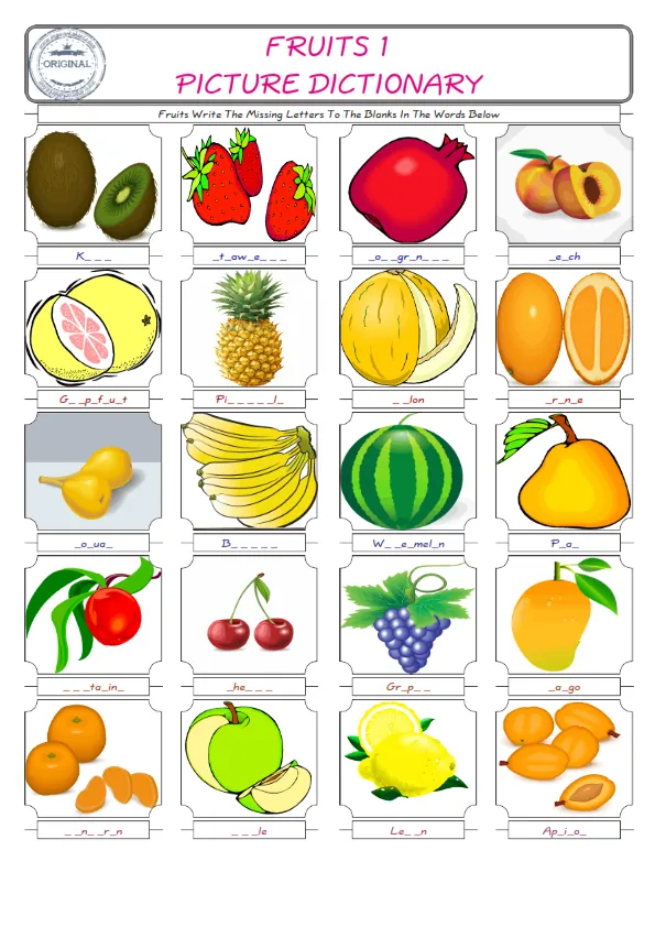 Fruits Words English worksheets For kids, the ESL Worksheet for finding and typing the missing letters of Fruits Words Worksheet Preview
