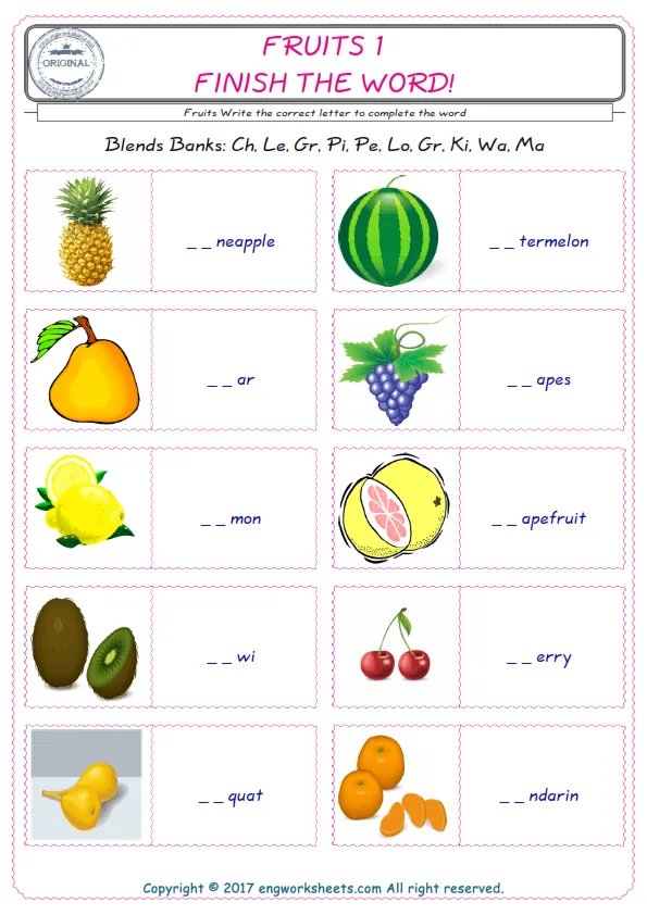For kids, the Fruits English worksheet for supplying into the correct blank place given letters special to the Fruits Words. Worksheet Preview