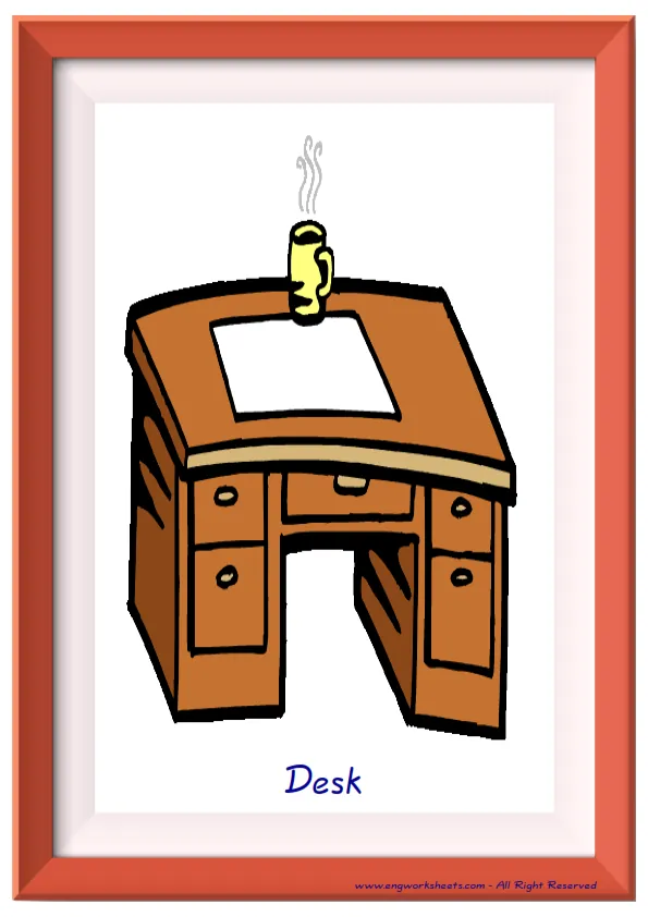 Full page ESL Flashcard together with words containing Furniture picture for kids and teachers. Worksheet Preview