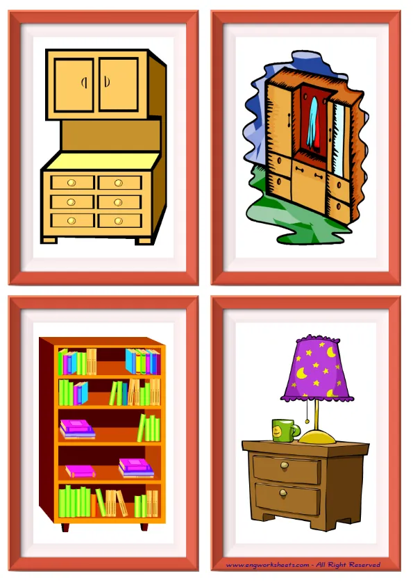 Quarter page ESL Flashcard without words containing Furniture picture for kids and teachers. Worksheet Preview