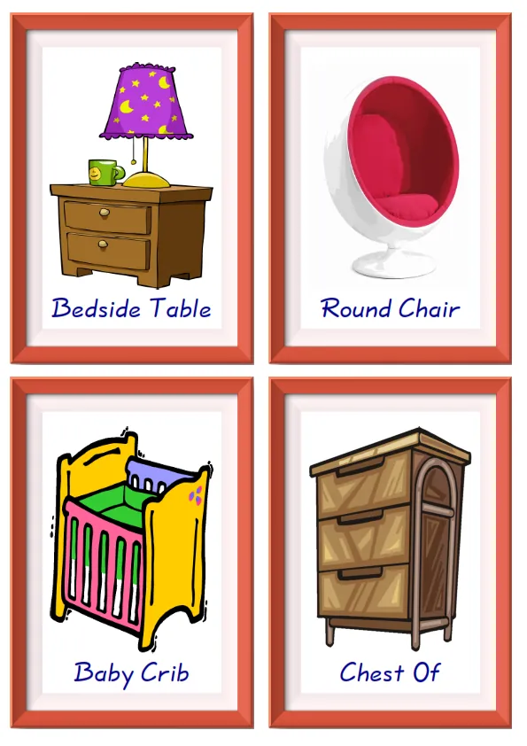 Quarter page ESL Flashcard together with words containing Furniture picture for kids and teachers. Worksheet Preview