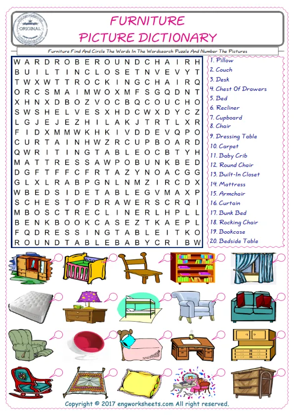 ESL wordsearch worksheets for kids, find Furniture words in the word wordsearch write its number on its picture English worksheet. Worksheet Preview