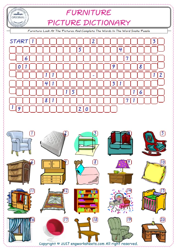 Check the Illustrations of Furniture english worksheets for kids, and Supply the Missing Words in the Word Snake Puzzle ESL play. Worksheet Preview