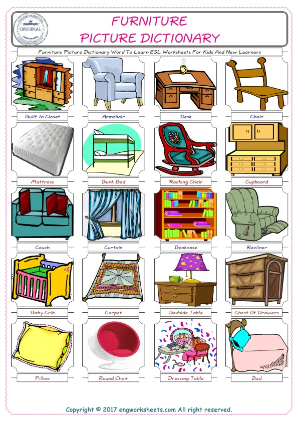 Furniture English Worksheet for Kids ESL Printable Picture Dictionary Worksheet Preview