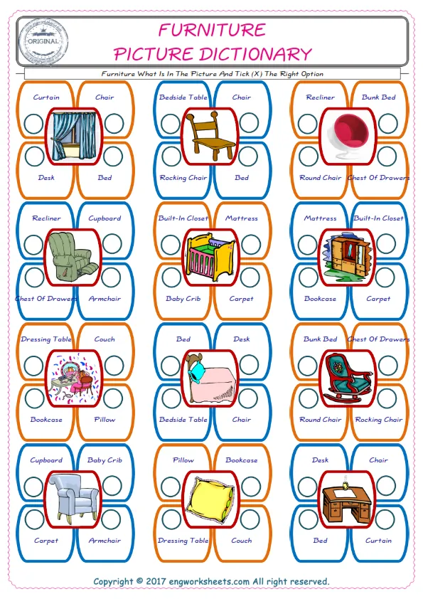 check the picture, mark the correct option amongst the given Furniture words English worksheet for kids Worksheet Preview