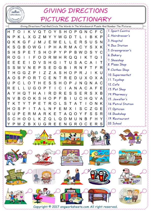 ESL wordsearch worksheets for kids, find Giving Directions words in the word wordsearch write its number on its picture English worksheet. Worksheet Preview