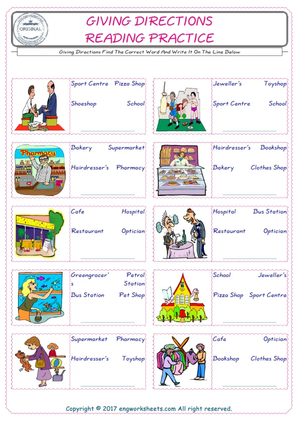 Check the picture of the Giving Directions for kids ESL worksheet for supplying the correct one among three words into the blank place. Worksheet Preview