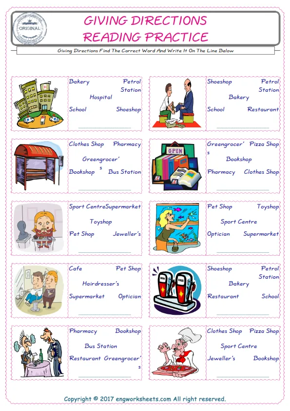 Check the picture of the Giving Directions for kids ESL worksheet for supplying the correct one among five words into the blank place. Worksheet Preview