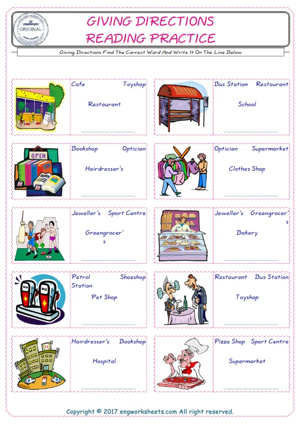 Check the picture of the Giving Directions for kids ESL worksheet for supplying the correct one among four words into the blank place. Worksheet Preview