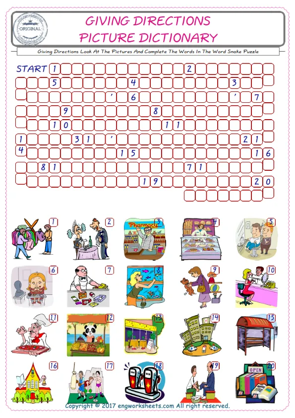 Check the Illustrations of Giving Directions english worksheets for kids, and Supply the Missing Words in the Word Snake Puzzle ESL play. Worksheet Preview