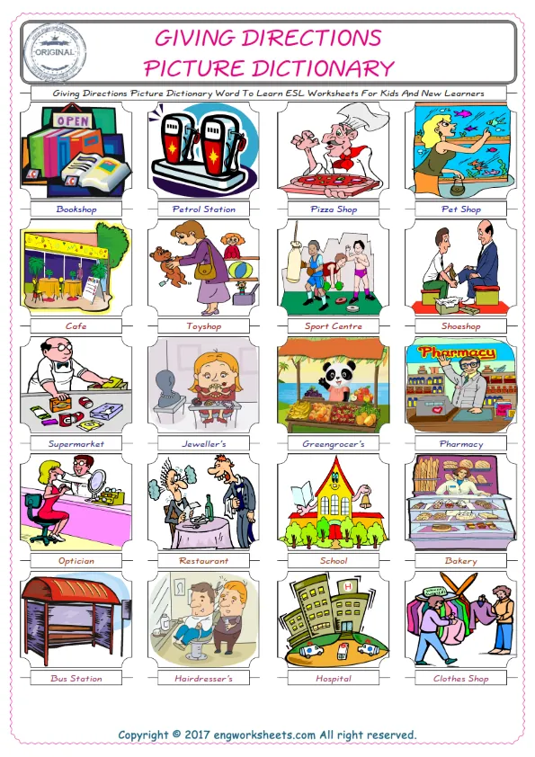 Giving Directions English Worksheet for Kids ESL Printable Picture Dictionary Worksheet Preview