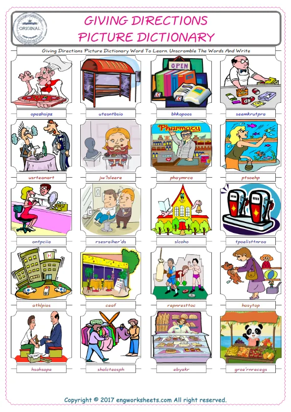Giving Directions ESL Worksheets For kids, the exercise worksheet of finding the words given complexly and supplying the correct one. Worksheet Preview