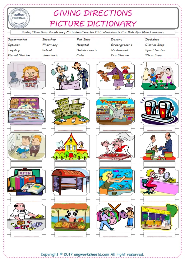 Giving Directions for Kids ESL Word Matching English Exercise Worksheet. Worksheet Preview
