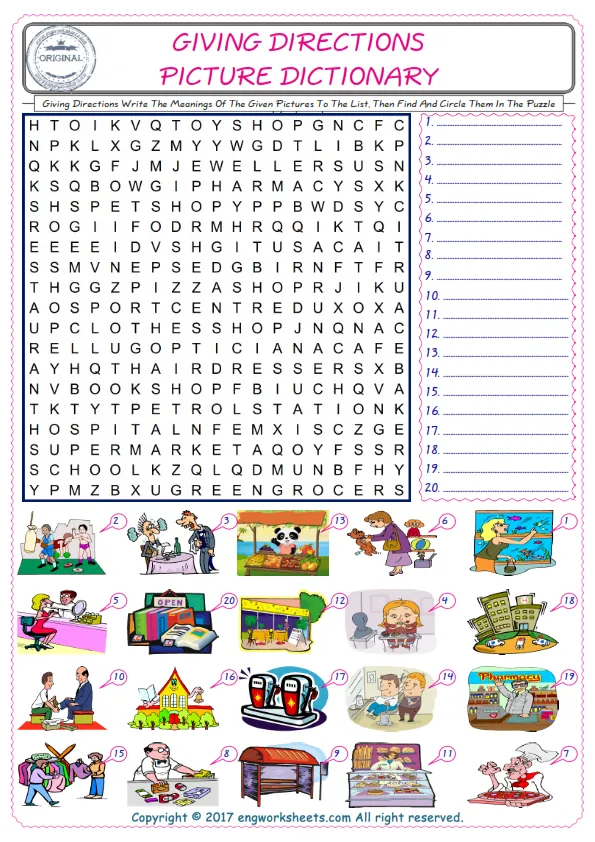 For kids, check the picture of Giving Directions find, and write the word and find it in the word puzzle ESL printable worksheet. Worksheet Preview