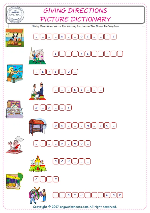 Type in the blank and learn the missing letters in the Giving Directions words given for kids English worksheet. Worksheet Preview