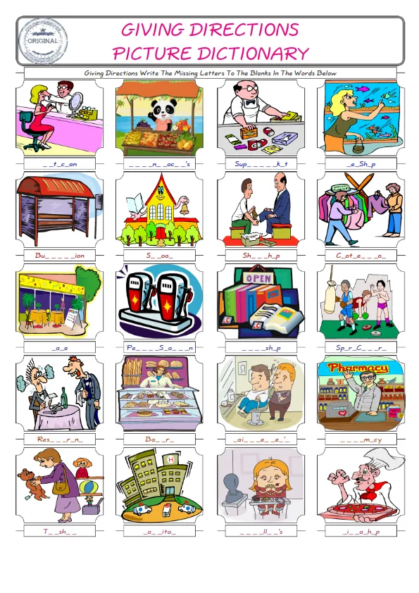 Giving Directions Words English worksheets For kids, the ESL Worksheet for finding and typing the missing letters of Giving Directions Words Worksheet Preview